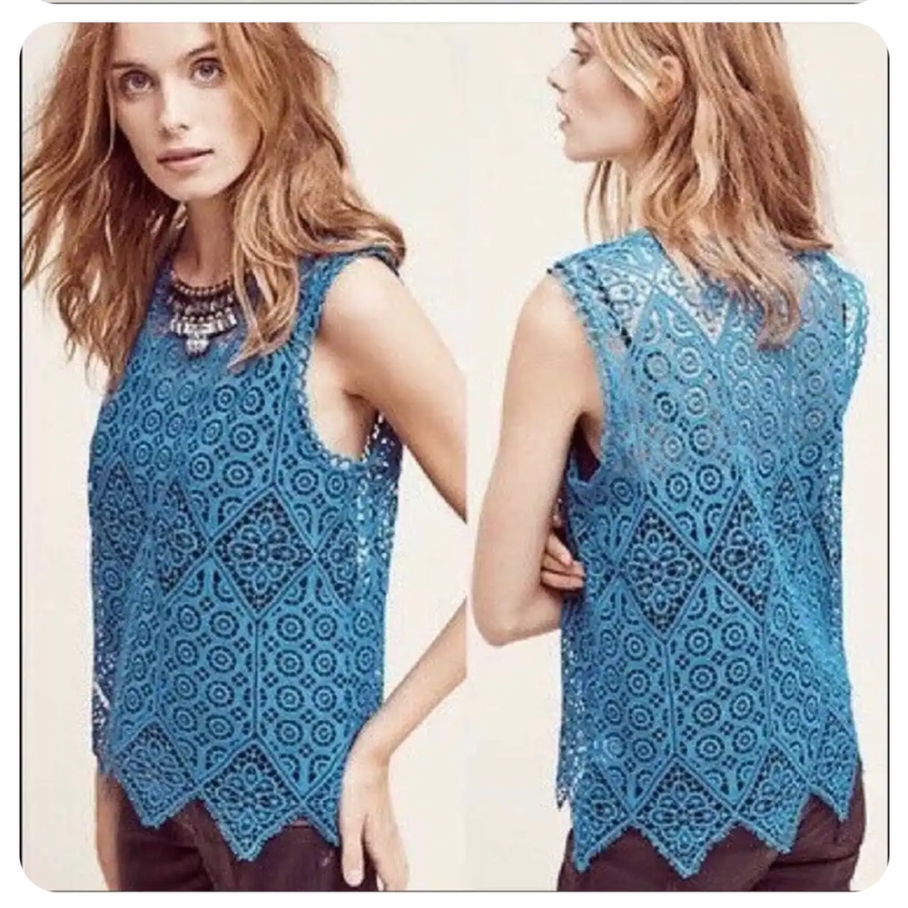 Anthropologie Deletta Teal Blue Lace Crochet Sleeveless Scalloped Top